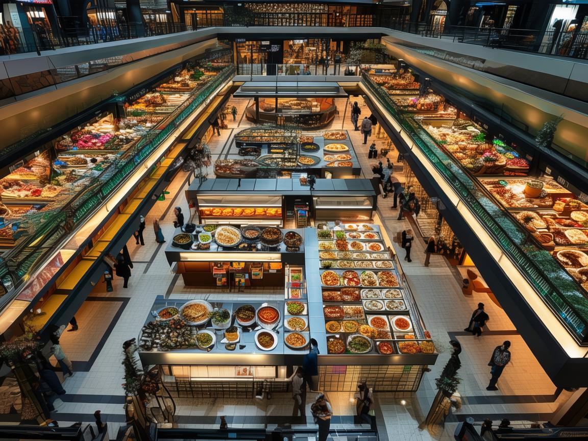 无人机视角下的购物中心美食广场工艺之美